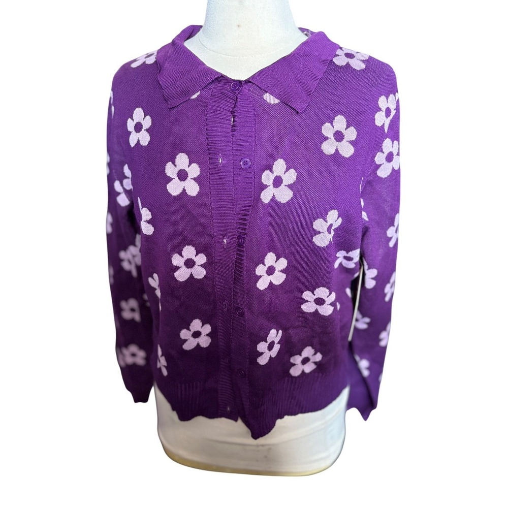Almost Famous Purple Floral Knit Button Up Cardigan Sweater Women's‎ XL